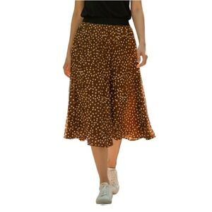 Pleated Polka‎ Dot Midi Skirt Brown Elastic Waist Minimalist Coastal Grandma L